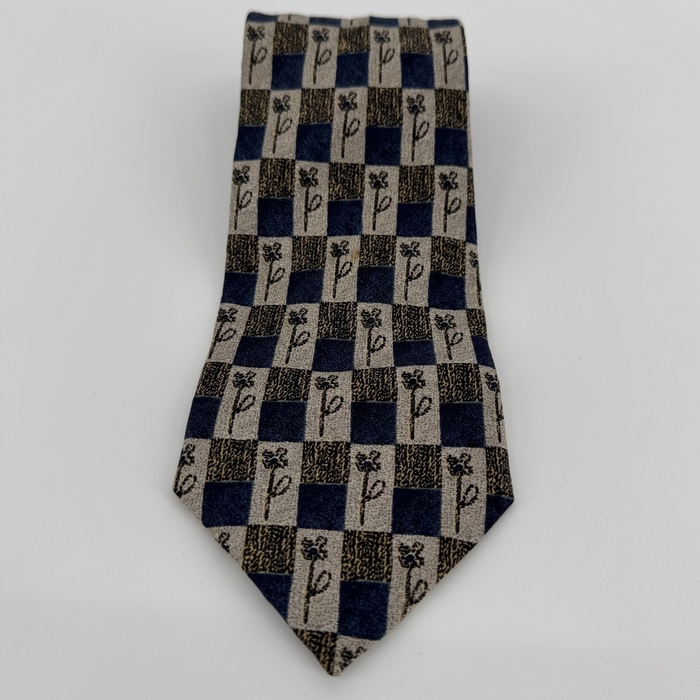 Ermenegildo Zegna Men's Silk Necktie Blue Beige Brown Floral Checkered Pattern
